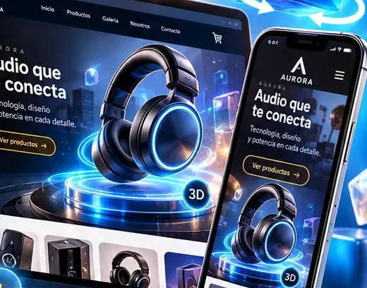 Sitio web con efectos 3D de una tienda de audífonos en laptop y celular