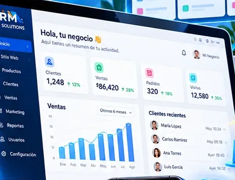 Panel de administración con ventas, clientes y reportes en una laptop