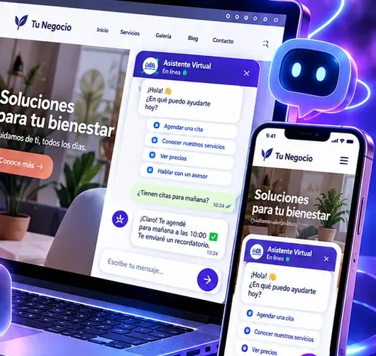 Sitio web con asistente virtual de IA respondiendo en laptop y celular