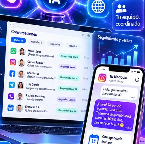 Bandeja unificada de conversaciones de WhatsApp, Instagram, Facebook y Telegram en laptop y celular