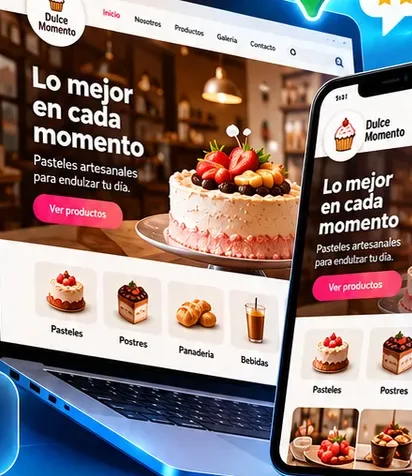 Sitio web de una pastelería en laptop y celular