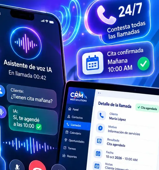 Agente de voz con IA atendiendo una llamada en el celular y el detalle de la llamada en el CRM